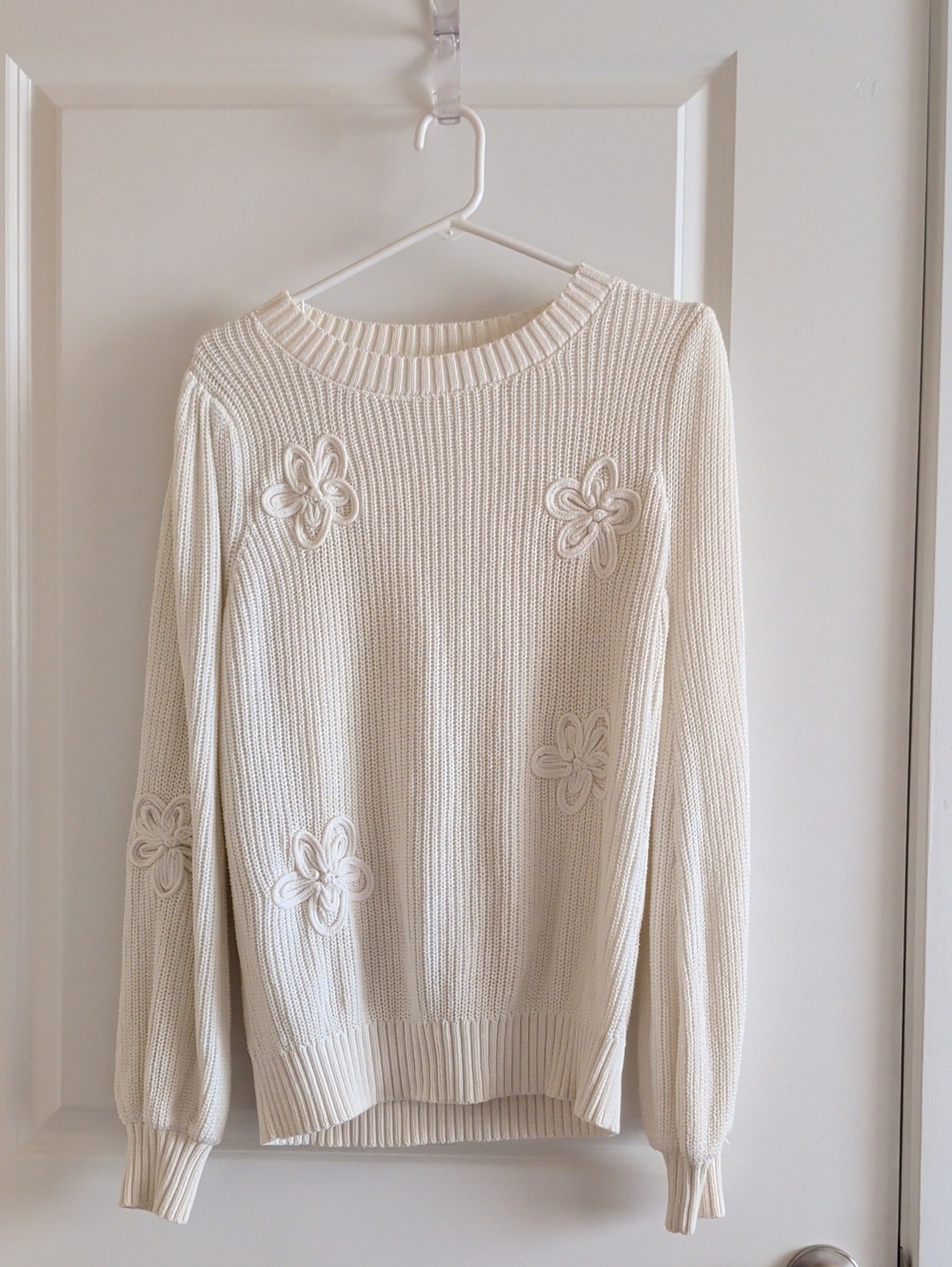 Cream Floral Appliqué Knit Sweater - Women